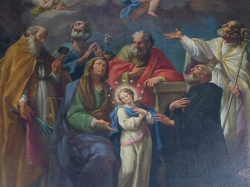 1710-Nicola Porta - S. Anna presenta Maria bambina alla SS. Trinità alla presenza di S. Pietro Celestino, S. Giuseppe, S. Agostino e S. Biagio - Molfetta, chiesa della SS. Trinità